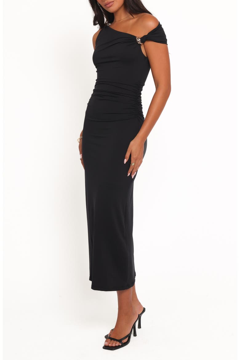 Ruched One-Shoulder Midi Dress, Alternate, color, BLACK