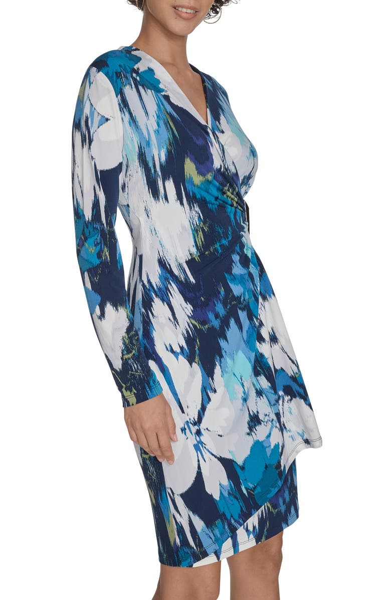 Calvin Klein Floral Long Sleeve Faux Wrap Dress, Alternate, color, Cypress Multi