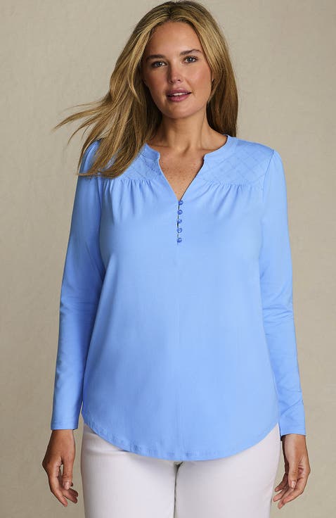 Long Sleeve Lightweight Jersey Notch Neck Tunic Top