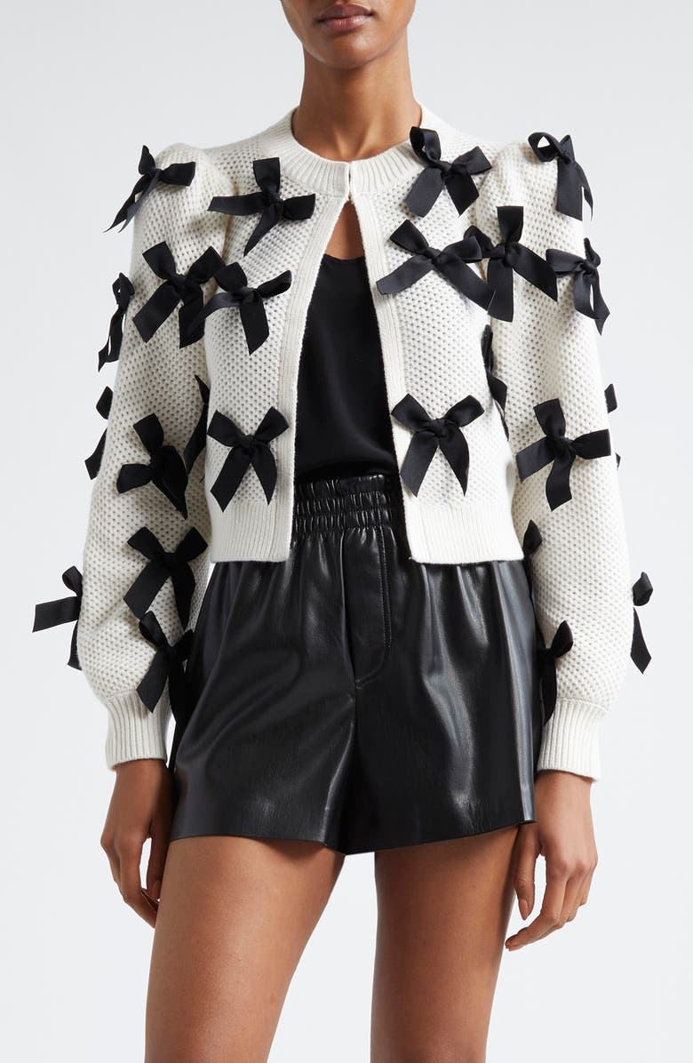 Alice + Olivia Kitty Bow Wool Blend Cardigan, Main, color, Soft White/ Black