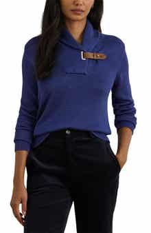 Lauren Ralph Lauren Buckle Shawl Collar Cotton Blend Sweater