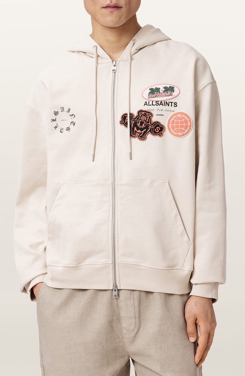 AllSaints Patcher Graphic Cotton Zip Front Hoodie, Main, color, Dusk White