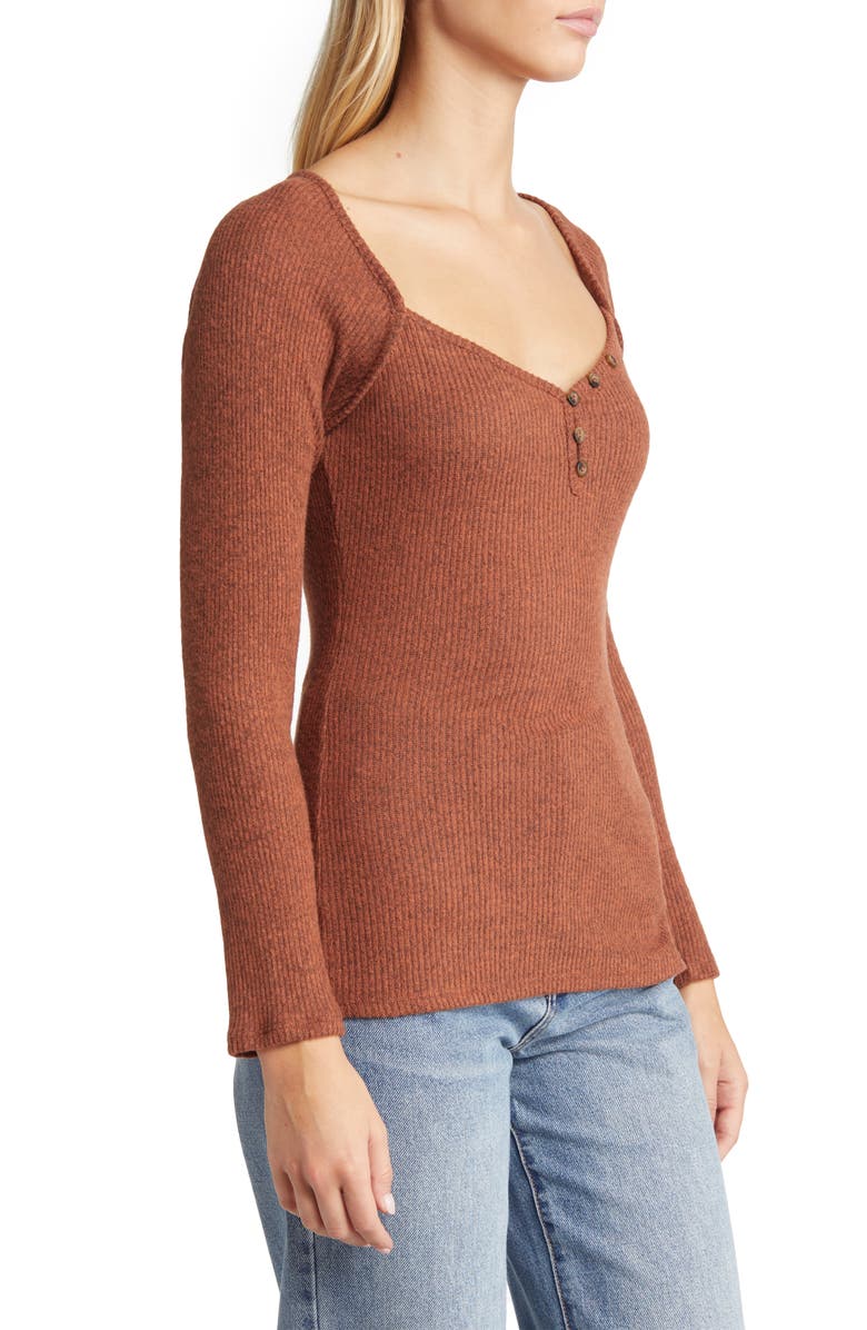 Loveappella V-Neck Long Sleeve Henley Top, Alternate, color, Rust