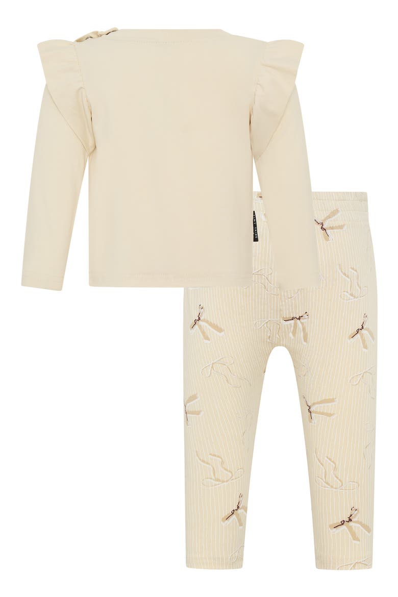 Bow Print Ruffle Top & Stripe Leggings Set, Alternate, color, CREAM