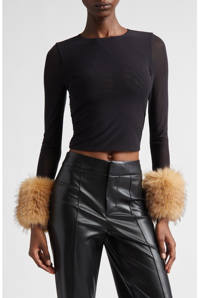 Delaina Faux Fur Cuff Mesh Crop Top, Main, color, BLACK