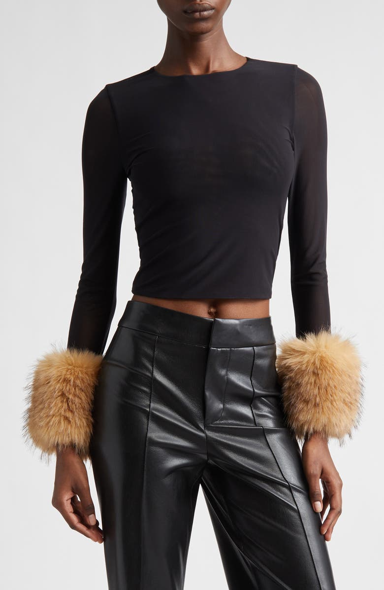 Alice + Olivia Delaina Faux Fur Cuff Mesh Crop Top, Main, color, Black