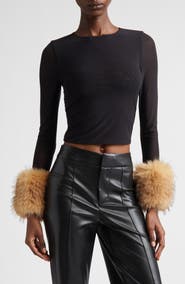 Alice + Olivia Delaina Faux Fur Cuff Mesh Crop Top
