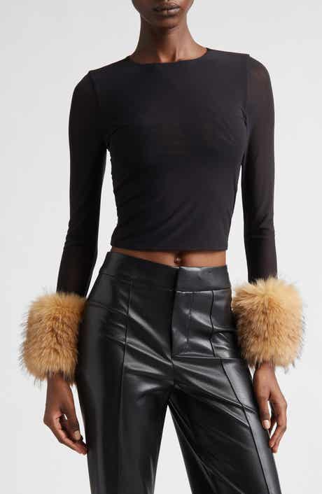 Alice + Olivia Delaina Faux Fur Cuff Mesh Crop Top