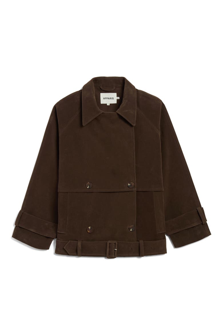 Gaia Faux Suede Short Trench Coat, Alternate, color, DARK BROWN