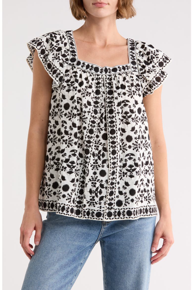 Flutter Sleeve Top, Main, color, CREAM/ BLACK STITCH FLORAL
