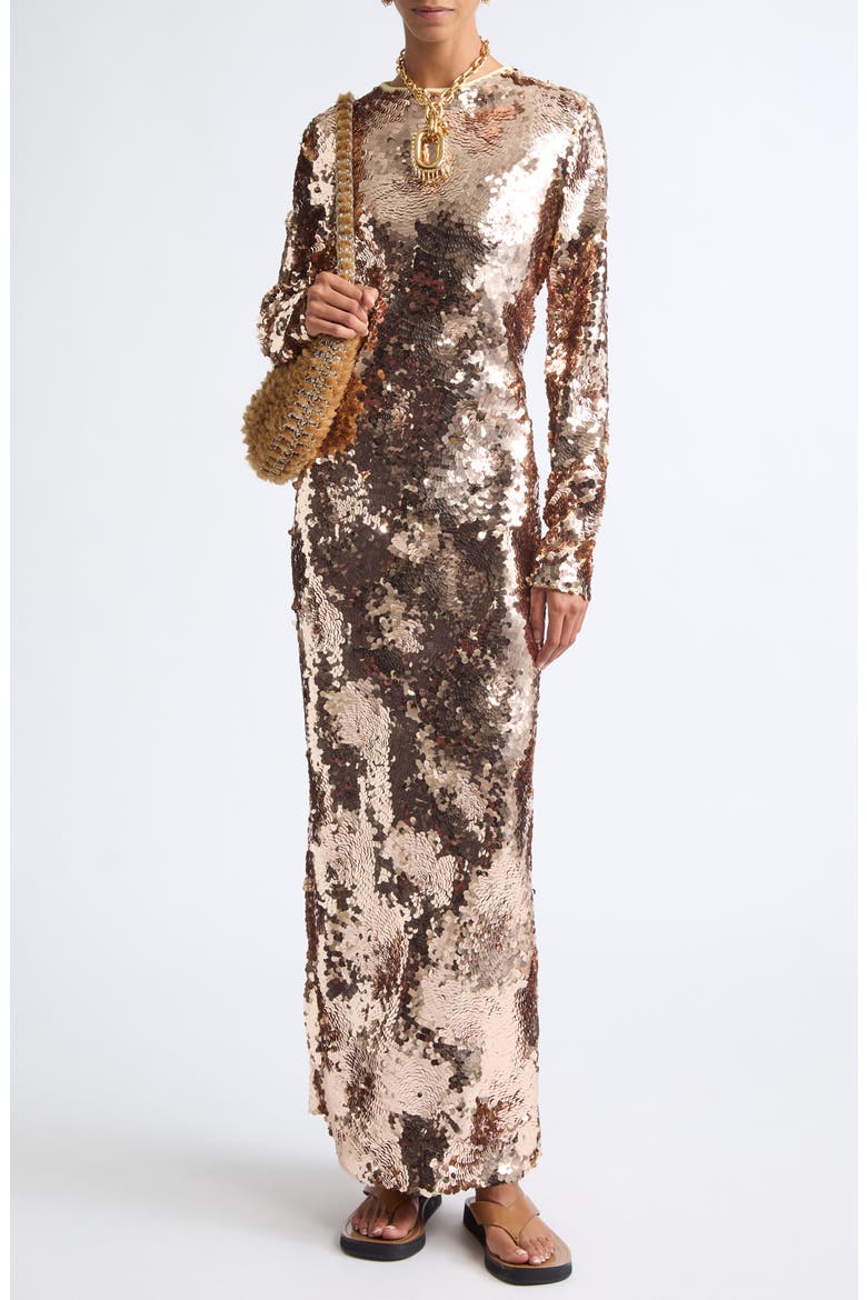 Long Sleeve Sequin Evening Dress, Alternate, color, ROSE GOLD / YELLOW