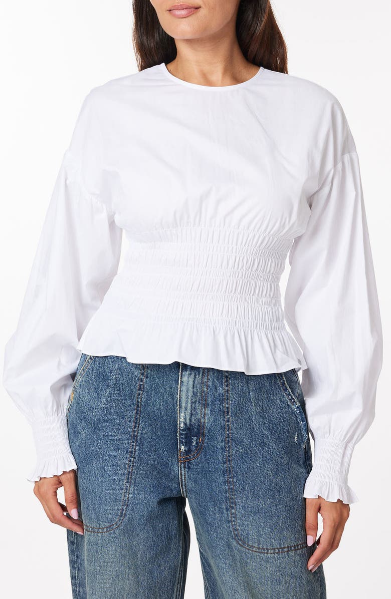 Scotch & Soda Smocked Balloon Sleeve Cotton Peplum Top, Main, color, White