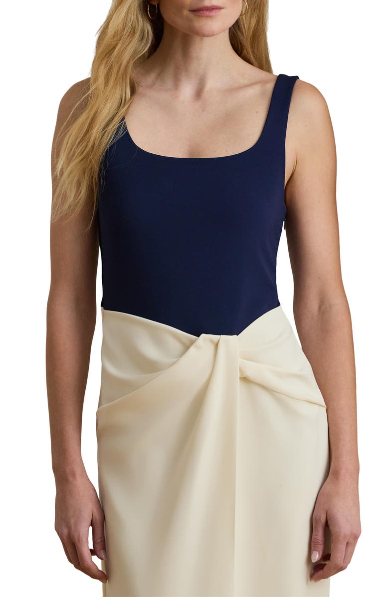 Lauren Ralph Lauren Two-Tone Ottoman & Crepe Sleeveless Gown, Alternate, color, Mascarpone Ivory/ Refined Navy