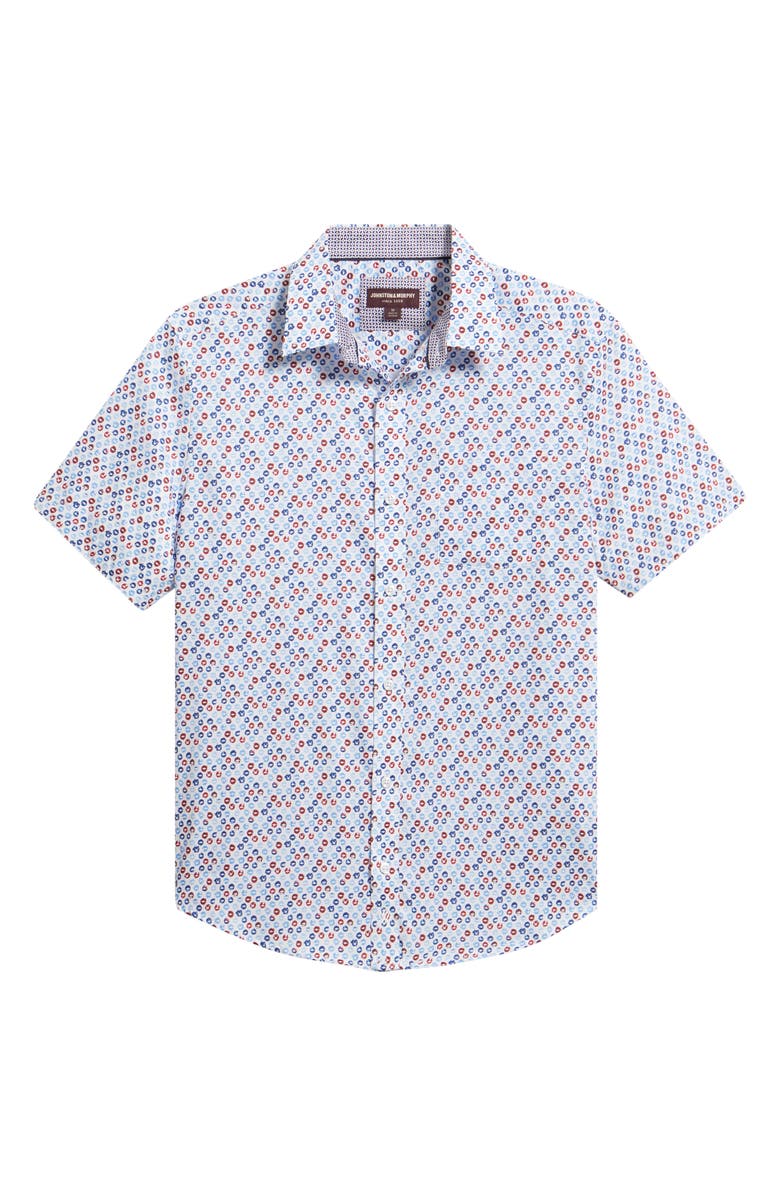 Johnston & Murphy Logan Dot Print Short Sleeve Cotton Blend Button-Up Shirt, Main, color, Blue / Red Ocean Icons