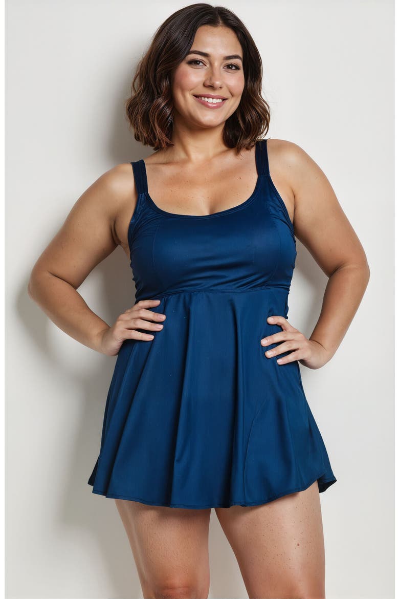 Plus Size Amber Flared Tankini Swim Top With Adjustable Straps and Removable Cups, Main, color, Navy