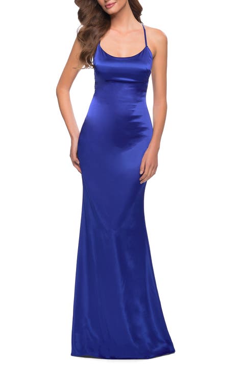 Chic Stretch Satin Gown with Scoop Neck and Open Back