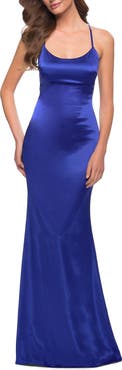 La Femme Chic Stretch Satin Gown with Scoop Neck and Open Back