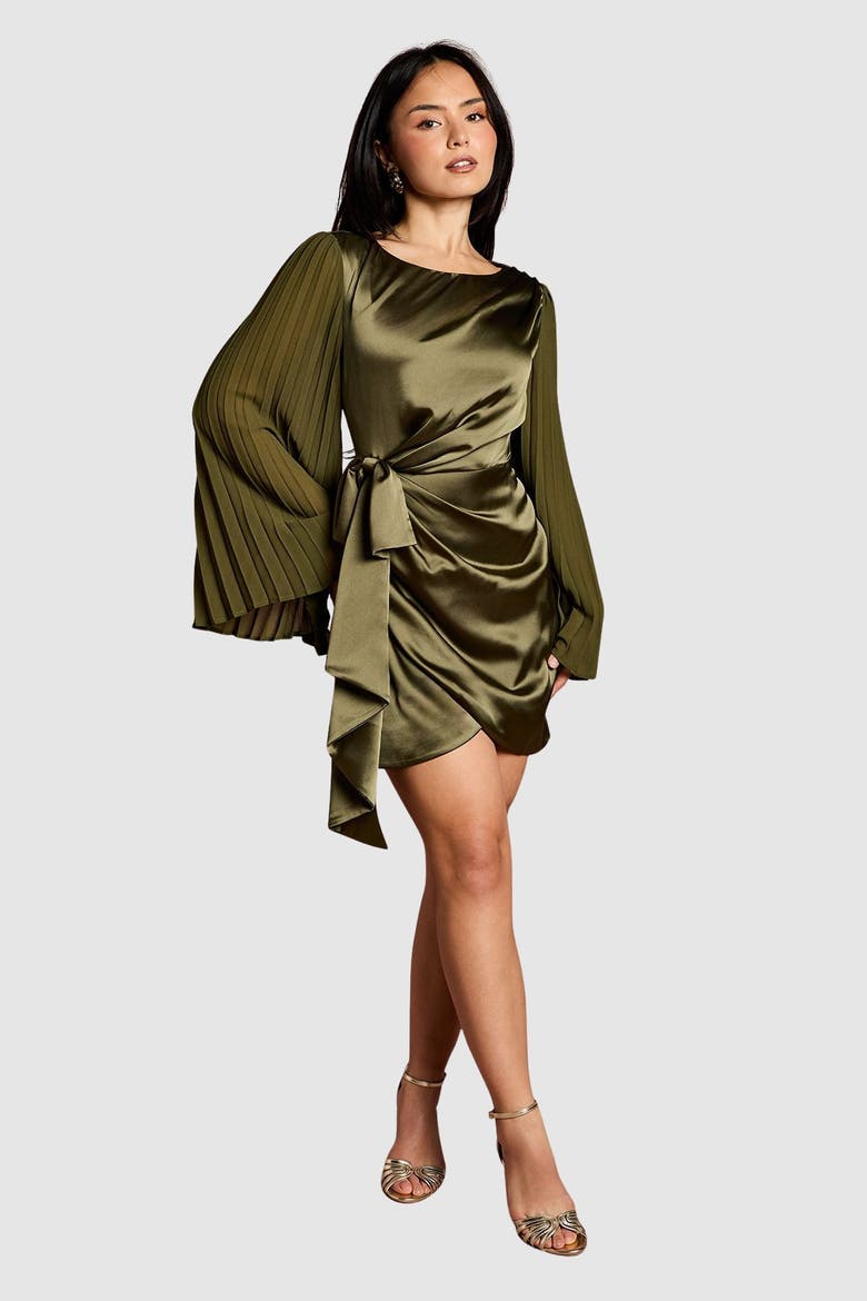 Petite Satin Pleated Flare Mini Dress, Alternate, color, Olive