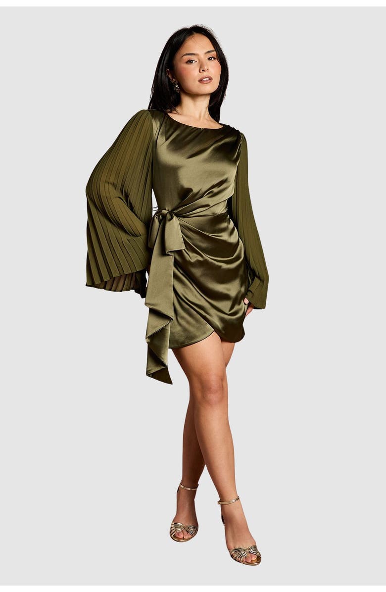 Coast Petite Satin Pleated Flare Mini Dress, Alternate, color, Olive