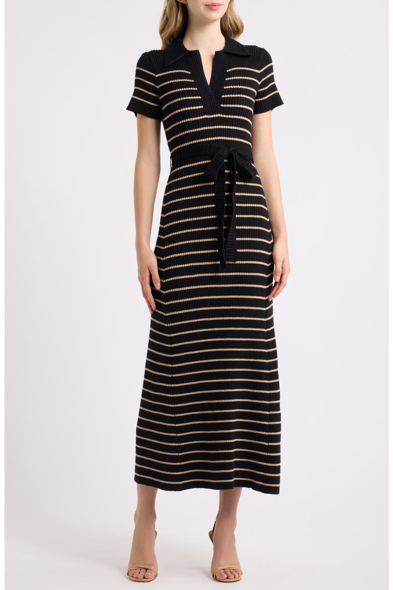 Tie Waist Stripe Maxi Sweater Dress, Main, color, BLACK