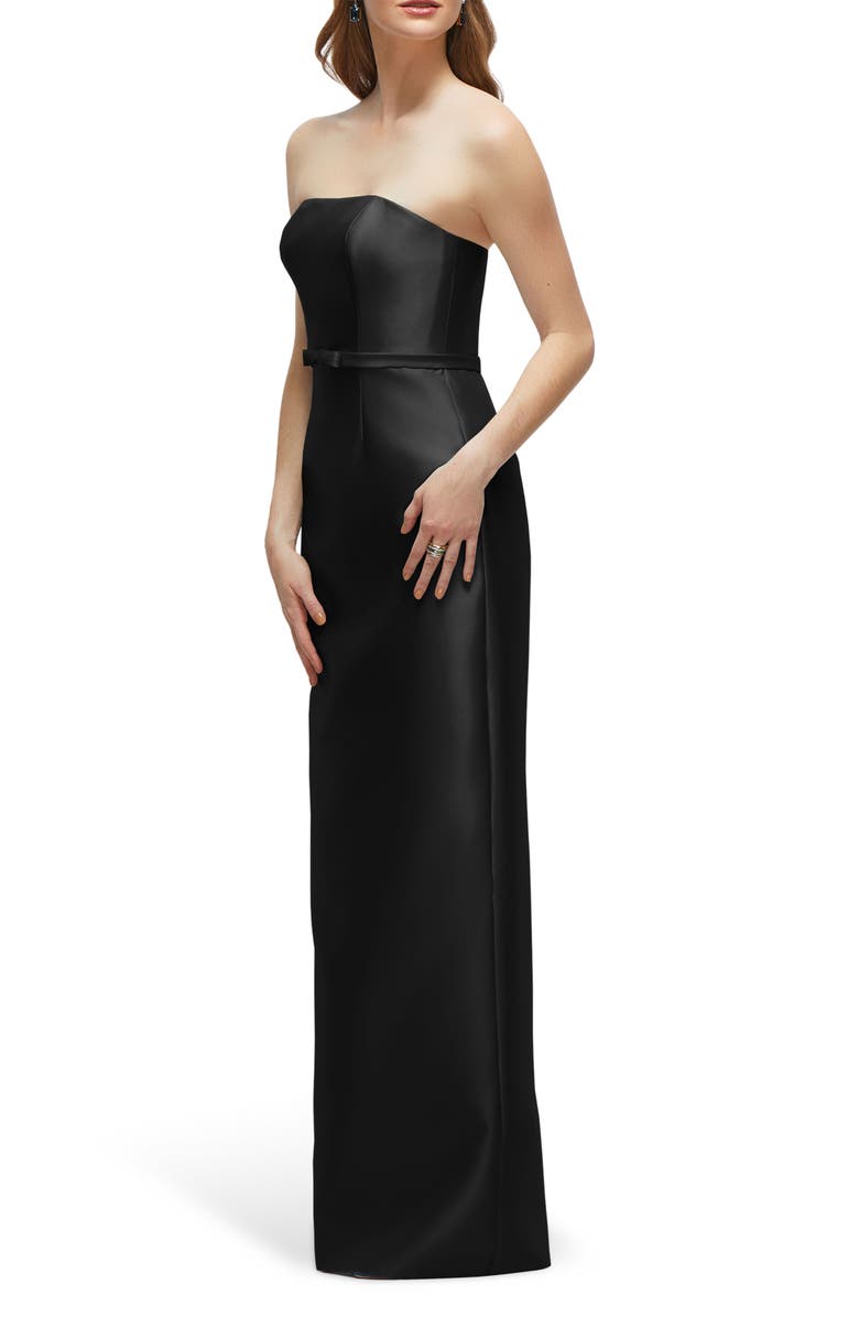 Alfred Sung Strapless Bow Belt Satin Twill Column Gown, Alternate, color, Black