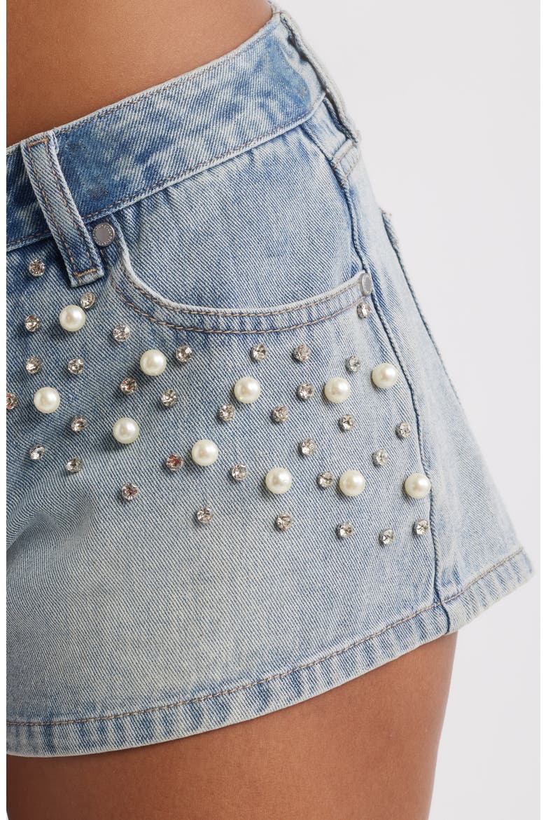 Ruby Imitation Pearl & Rhinestone Detail Denim Shorts, Alternate, color, LIGHT WASH