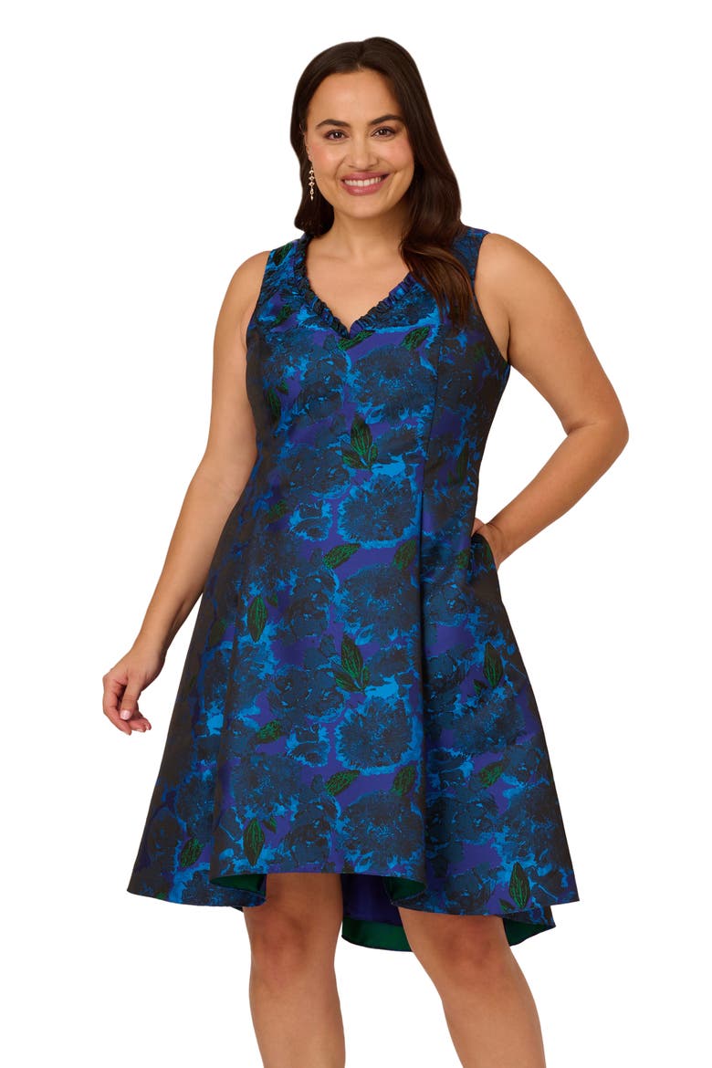 Ruffle Sleeveless Jacquard Dress, Alternate, color, BLUE MULTI
