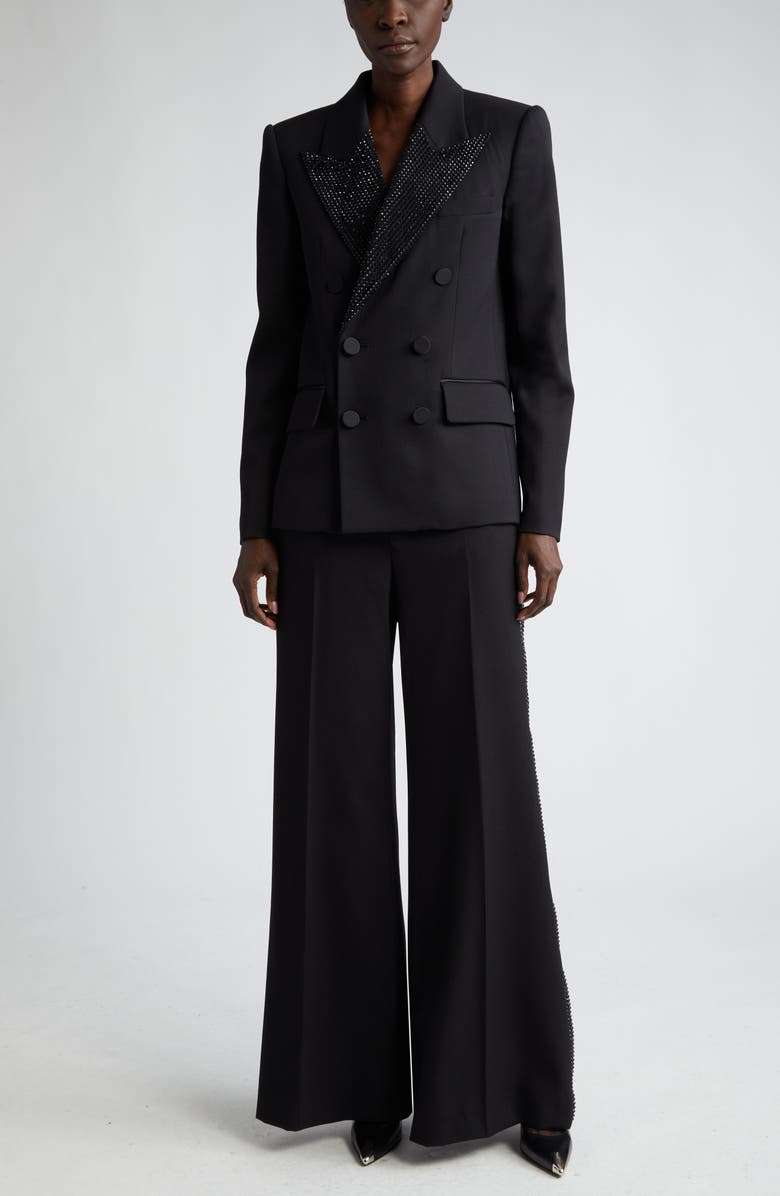 Area Crystal Embellished Double Breasted Stretch Wool Tuxedo Jacket, Alternate, color,