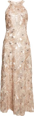 Betsy & Adam Sequin Floral Sleeveless Gown