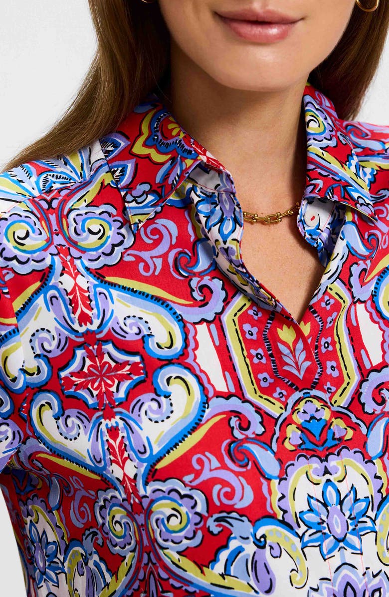 Foxcroft Olivia Smocked Cuff Cotton Shirt, Alternate, color, Red/ Multi