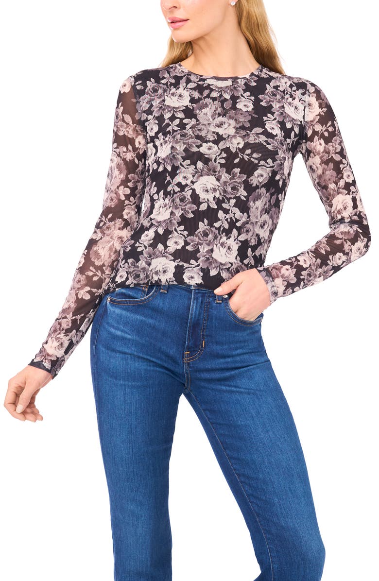 Ted Baker Addie Floral Mesh Top, Main, color, Rich Black