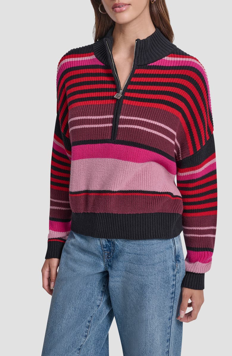 DKNY Jeans Stripe Quarter Zip Cotton Sweater, Main, color, Syrah Comb