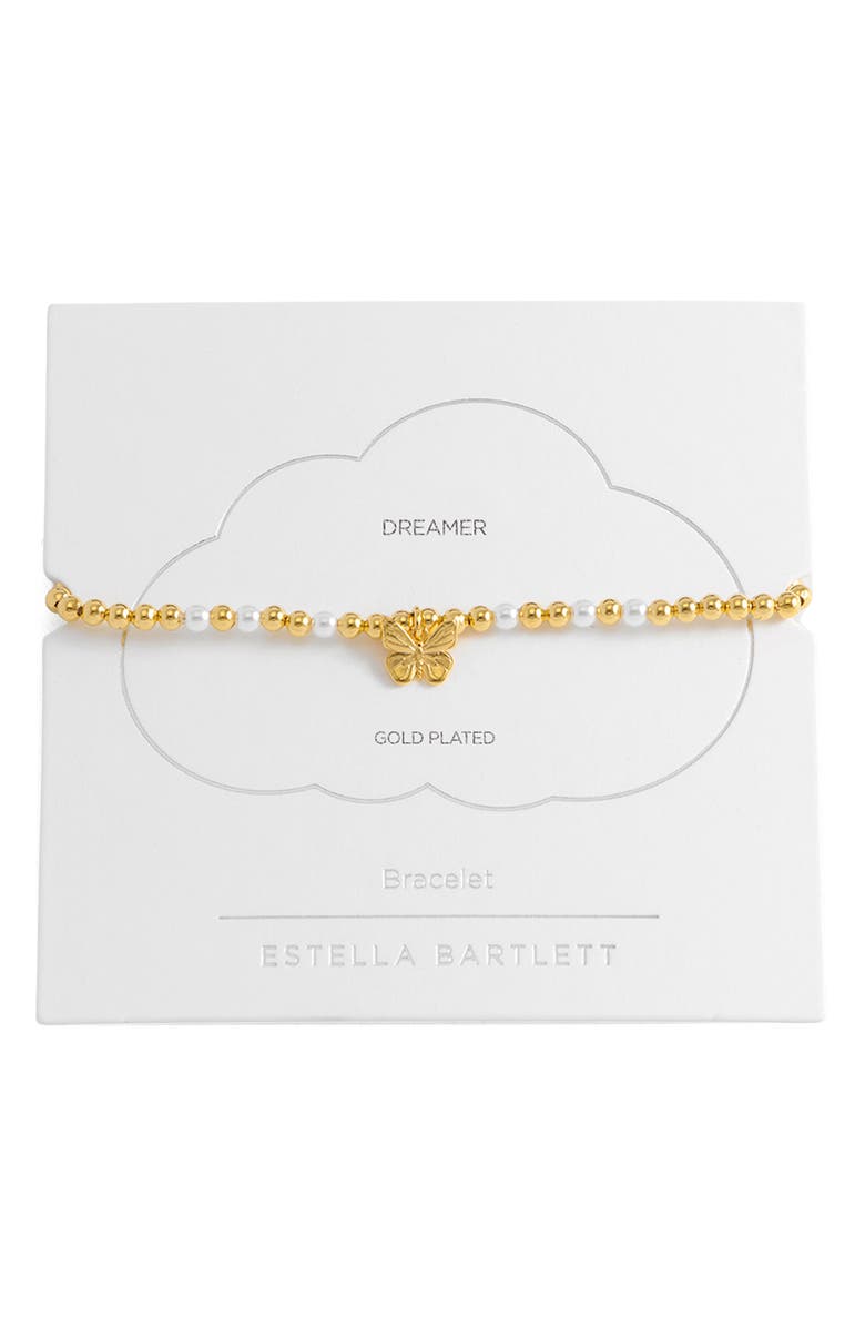 Estella Bartlett Butterfly & Faux Pearl Stretch Bracelet, Main, color, Gold