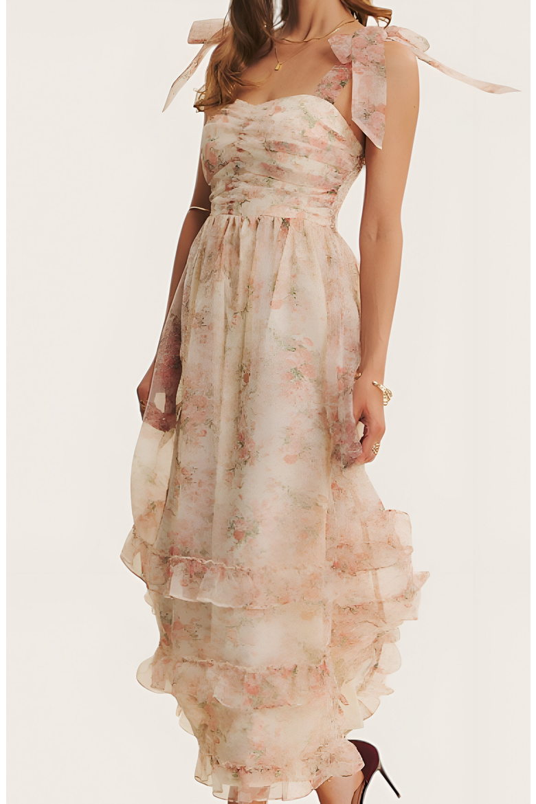 Floral Tie-Shoulder Ruched Bodice Tiered Midi Dress, Alternate, color, Floral