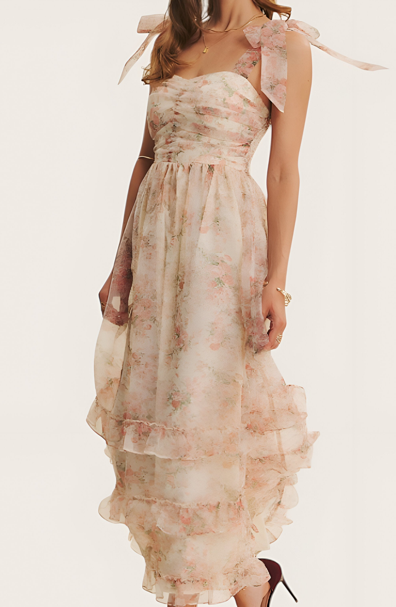 Modenaire Floral Tie-Shoulder Ruched Bodice Tiered Midi Dress, Alternate, color, Floral