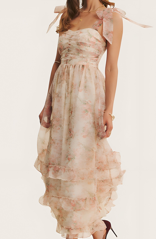 Modenaire Floral Tie-shoulder Ruched Bodice Tiered Midi Dress In Neutral