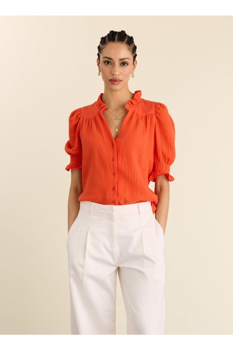 orange dress blouse Orange halterneck blouse with ruffles and asymmetric neckline