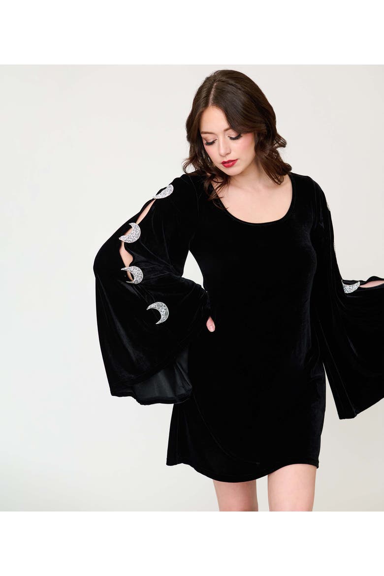 Angel Sleeve Downtown Scene Mini Fit & Flare Dress, Alternate, color, Black w/ Crescent Moon