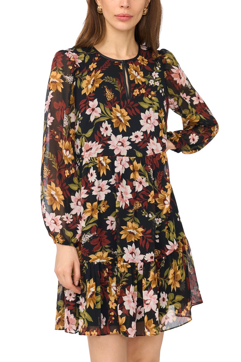 Floral Print Long Sleeve Babydoll Dress, Alternate, color, BLACK MULTI