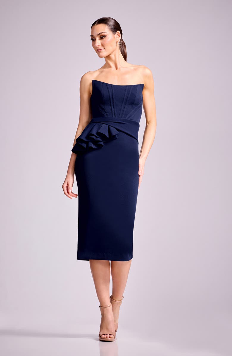 Dress the Population Teddi Strapless Corset Bodice Body-Con Cocktail Midi Dress, Alternate, color, Navy