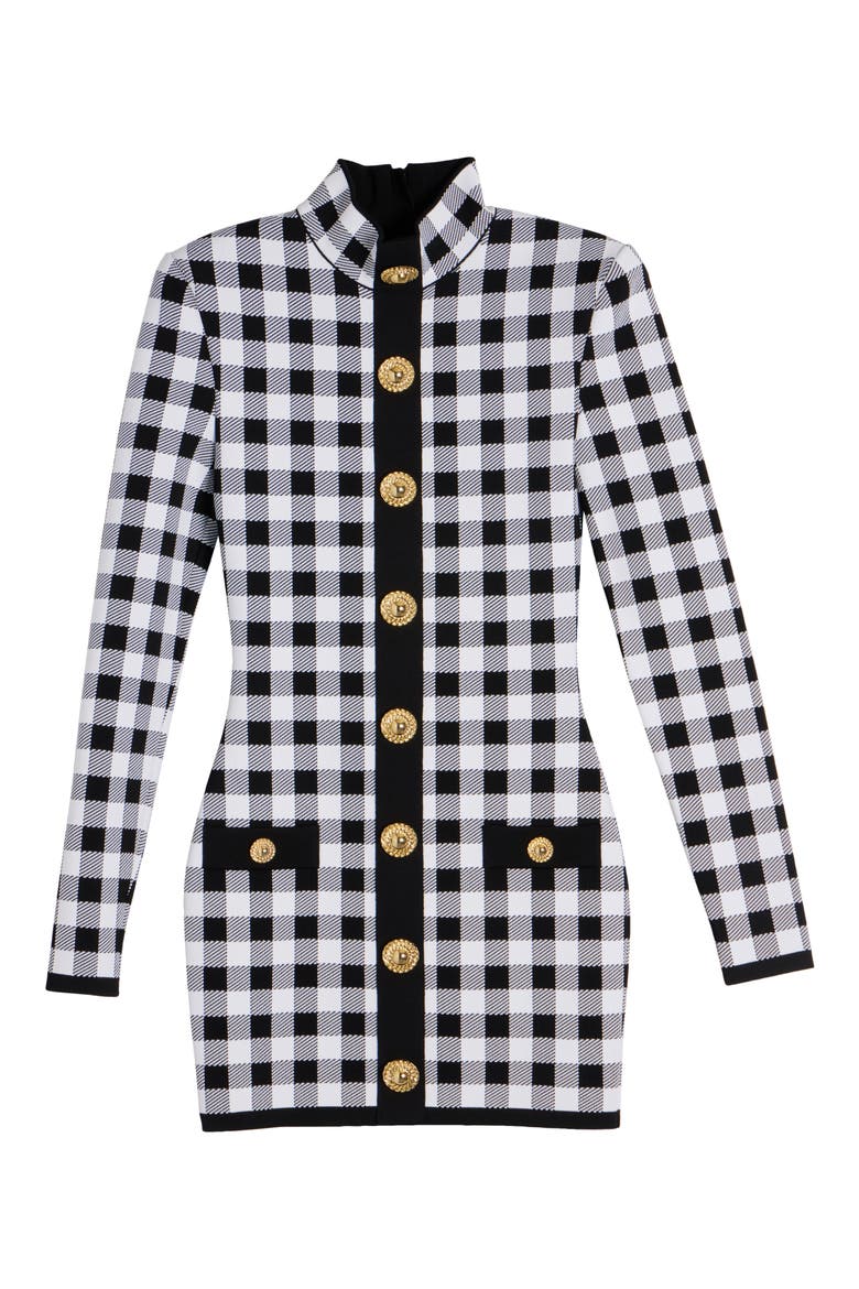 Gingham Button Front Long Sleeve Knit Minidress, Alternate, color, EAB BLACK/ WHITE