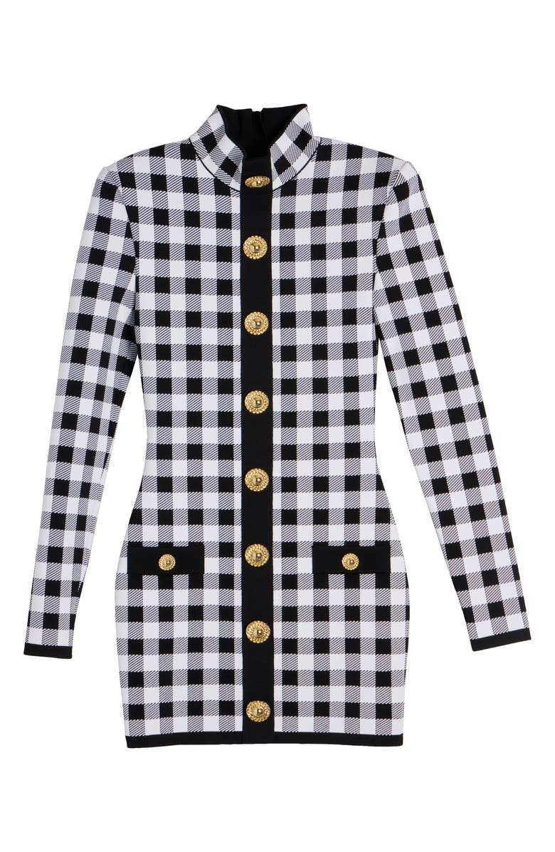 Balmain Gingham Button Front Long Sleeve Knit Minidress, Alternate, color,
