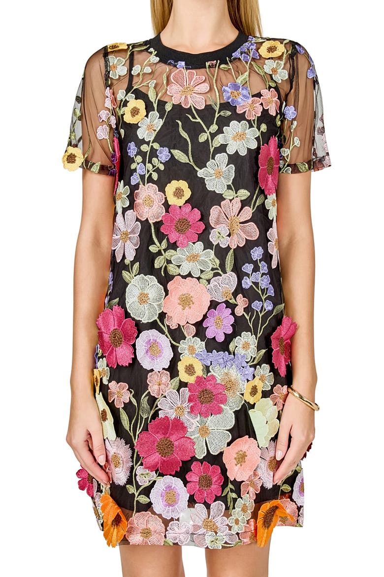 Floral Appliqué Shift Dress, Alternate, color, BLACK