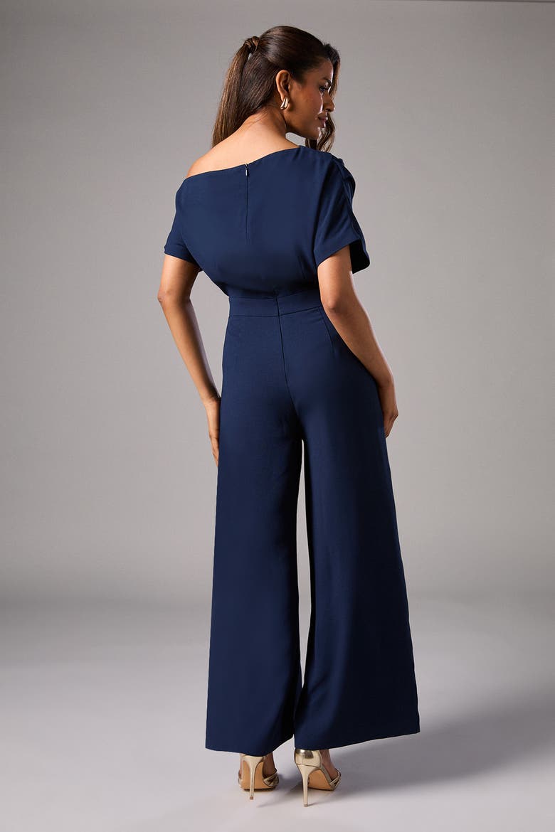 Petite Pleat Off The Shoulder Jumpsuit, Alternate, color, Navy