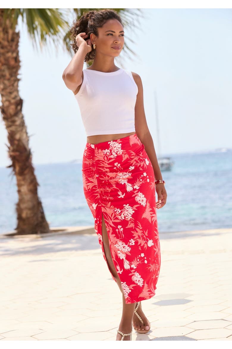 Ruched Slit Midi Skirt, Alternate, color, Red Printed