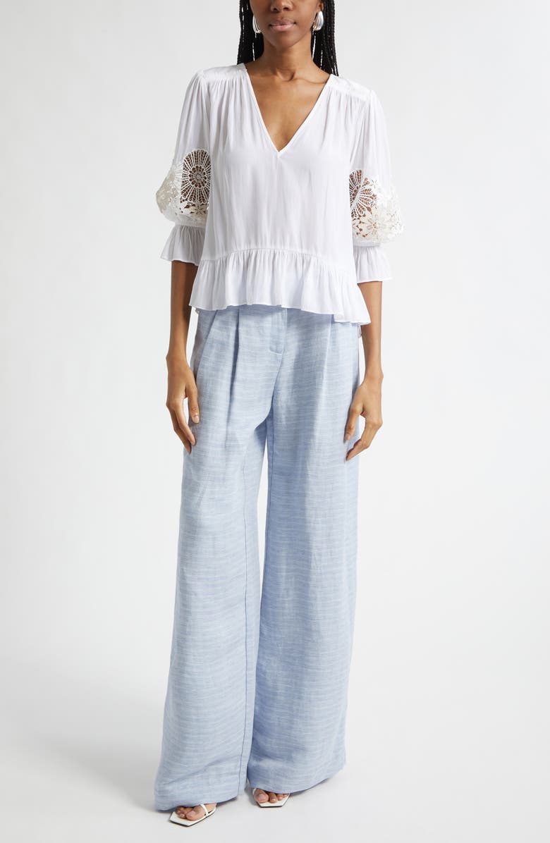 Ramy Brook Berry Lace Inset Puff Sleeve Peplum Top, Alternate, color, Ivory