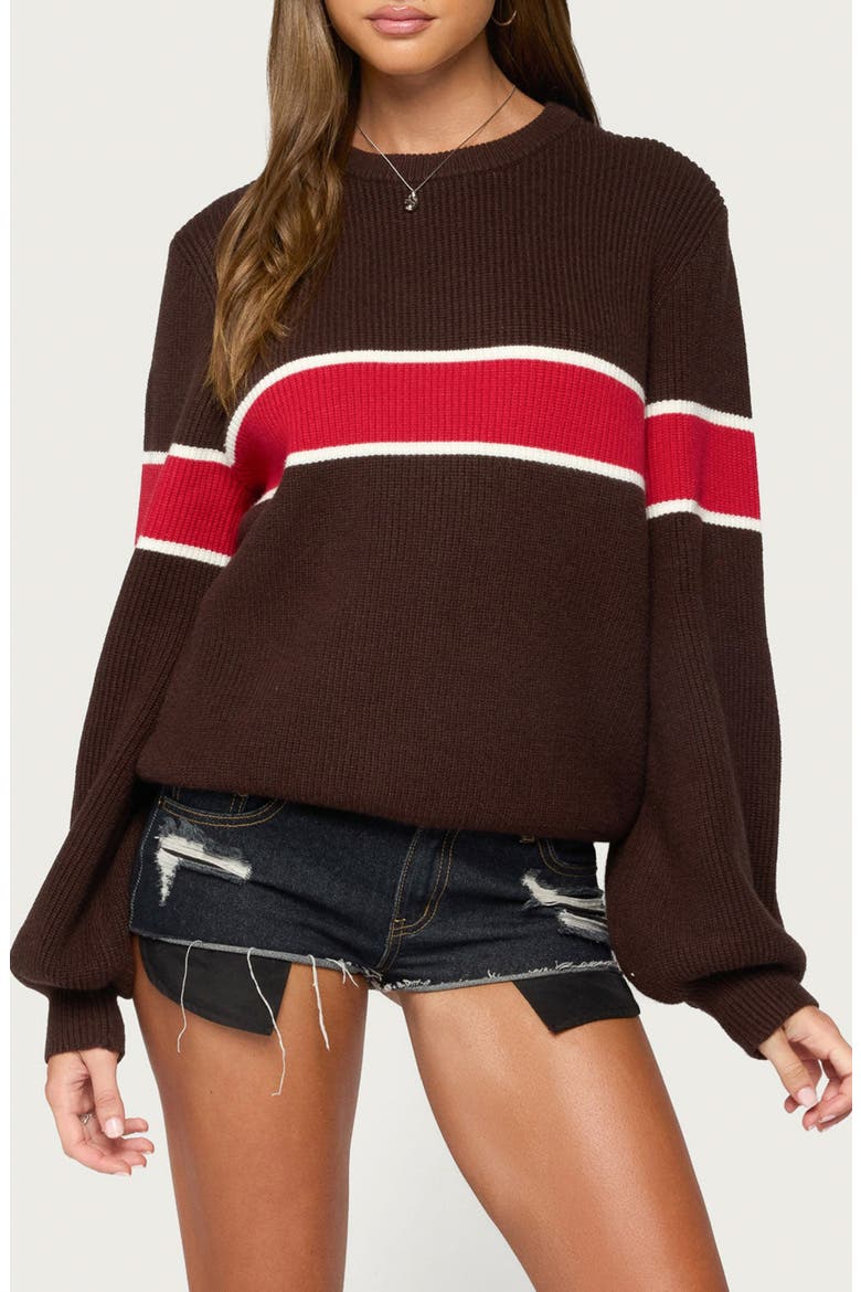 Nautical Striped Oversized Crewneck Sweater, Main, color, BROWN