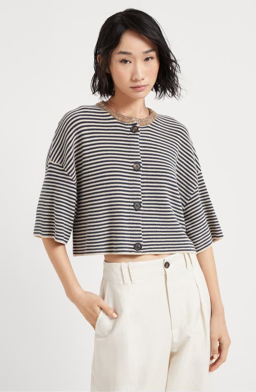 Brunello Cucinelli Dazzling Striped Short Sleeve Cropped Cardigan In Blue