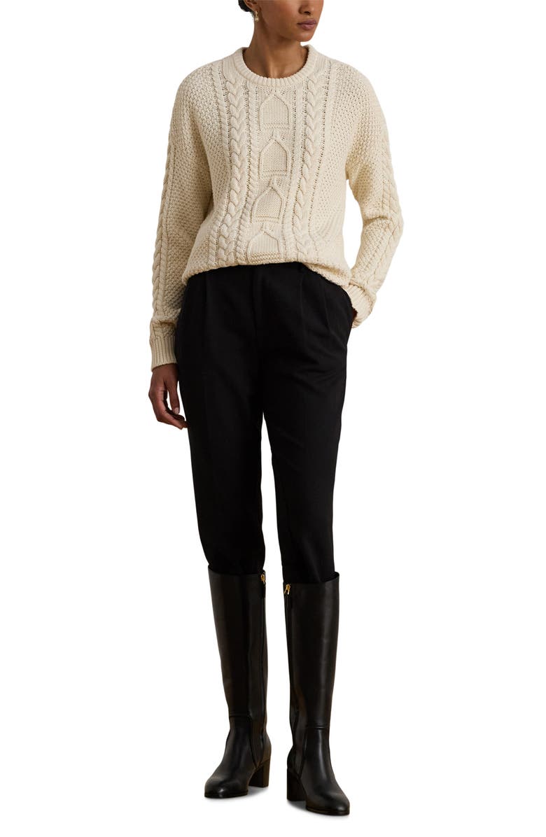 Lauren Ralph Lauren Cabled Cotton Crewneck Sweater, Alternate, color, Mascarpone Cream