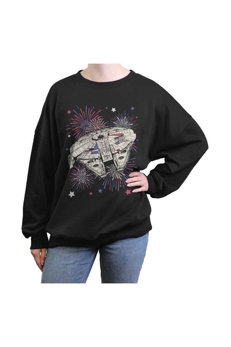 Junior's Star Wars Festive Fireworks Falcon  Sweatshirt, Main, color, Black